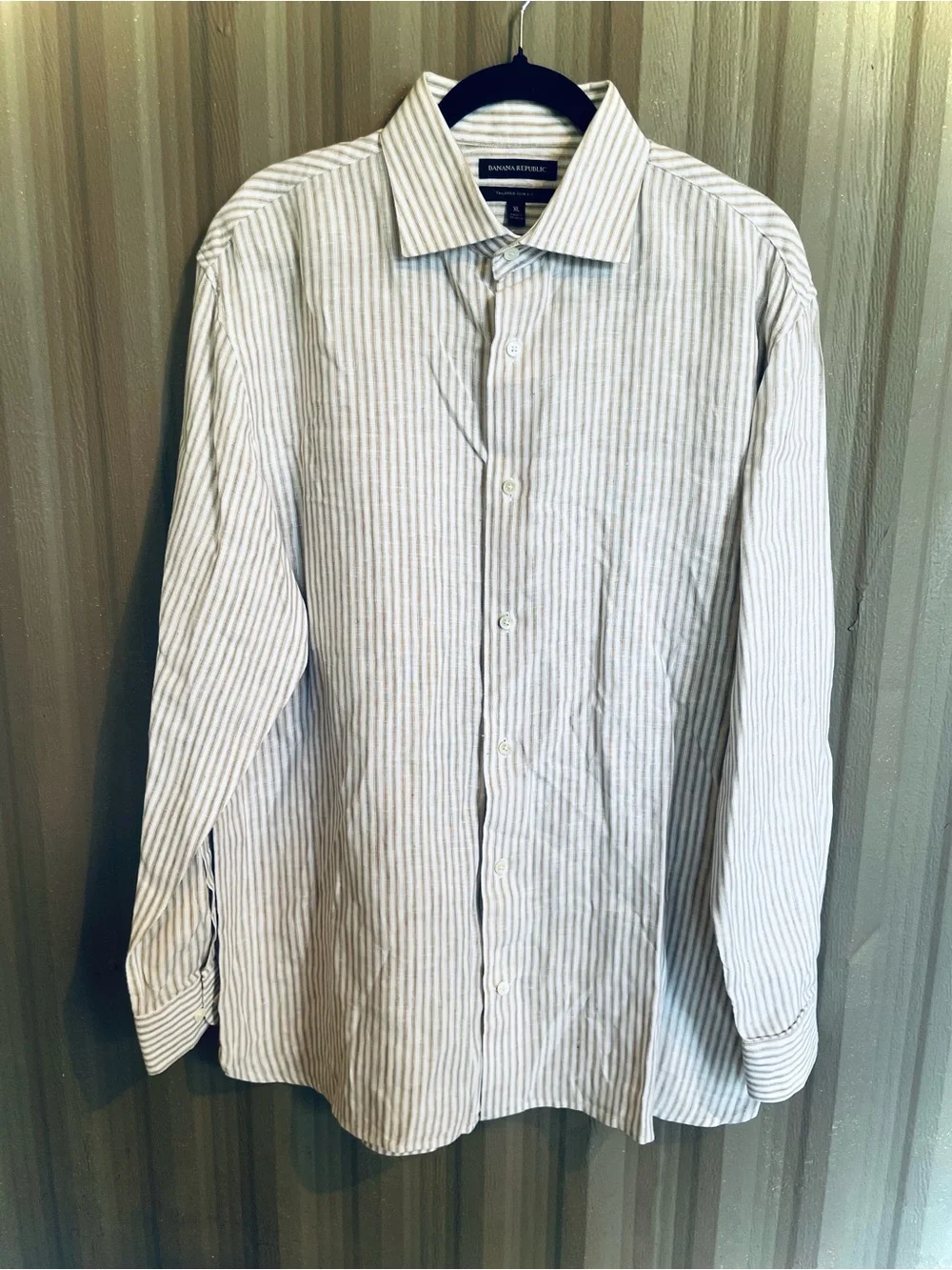 Banana Republic 100% Linen Shirt Brown Stripe Oxford Tailored Slim Fit Men's XL